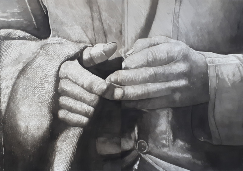DEGANN GETTING CLOSE / SE RAPPROCHER : Broken Hands, 2022, encre de Chine sur papier marouflé sur toile, 116 x 166 cm. Courtesy of Espace Art Absolument
